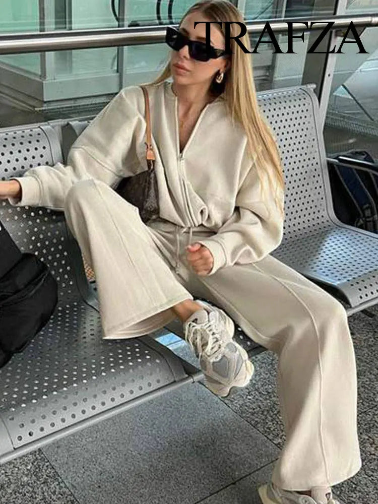 TRAFZA Women's 2-piece Retro Solid Color Zipper Bomber Jacket Sweatshirt + High-waisted Lace-up Women's Loose Velvet Pants Suit