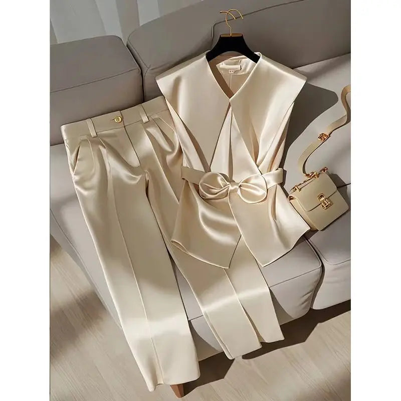 Fashion Satin Celebrity Outfits Elegant OL Peter Pan Collar Bow Sleeveless Vest + High Waist Wide Leg Pants Two Piece Set 376P