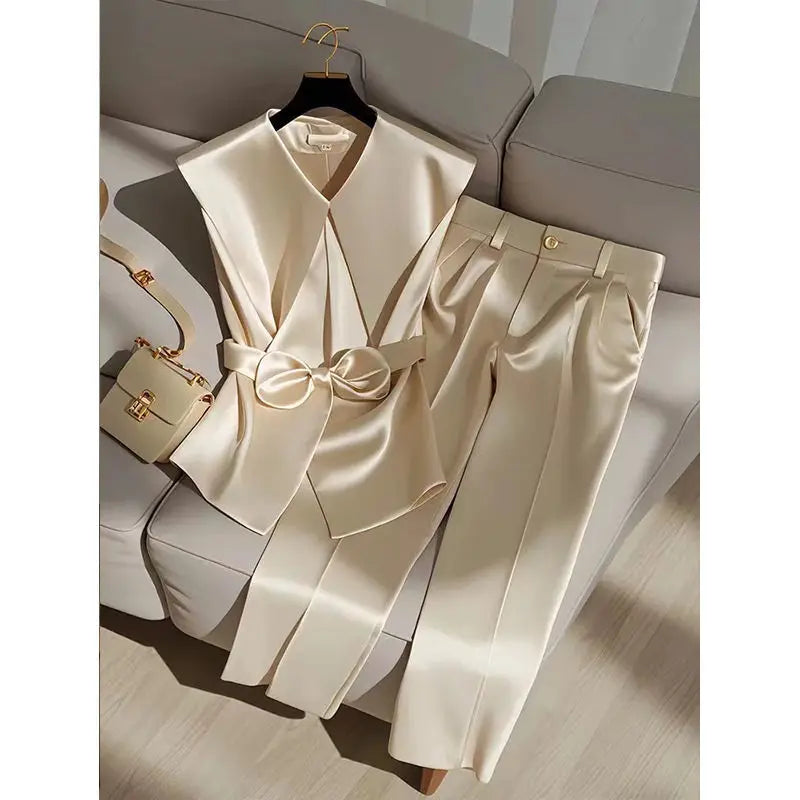 Fashion Satin Celebrity Outfits Elegant OL Peter Pan Collar Bow Sleeveless Vest + High Waist Wide Leg Pants Two Piece Set 376P