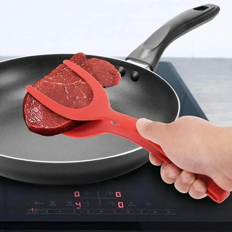 2 in 1 Kitchen Gadget Accessories Omelette Shovel Clip Non Stick Silicone Spatula Tongs Toast Pancake Egg Clamp Frying Steak