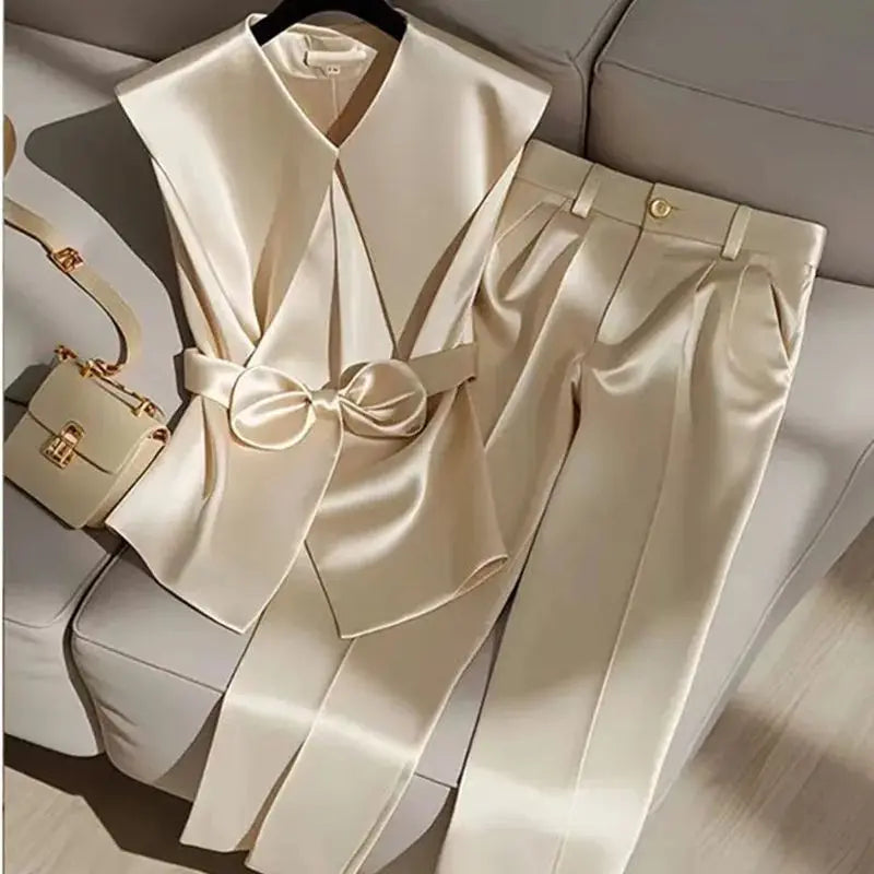 Fashion Satin Celebrity Outfits Elegant OL Peter Pan Collar Bow Sleeveless Vest + High Waist Wide Leg Pants Two Piece Set 376P