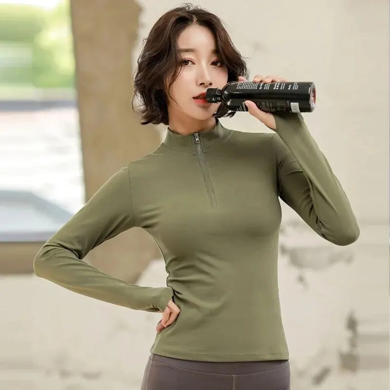 Spring and Summer Women Half Zipper Casual Fitness Wear Long Sleeve Blazer Running Speed Dry Yoga Wear Women