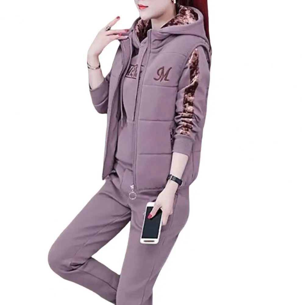 Fashion Warm Three Piece Set Women Outfit 2022 Fall Winter Thicken Tracksuit Casual Waistcoat + Hoodies + Pant Female Sweat Suit