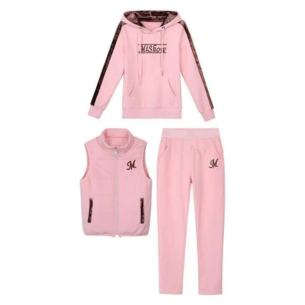 Fashion Warm Three Piece Set Women Outfit 2022 Fall Winter Thicken Tracksuit Casual Waistcoat + Hoodies + Pant Female Sweat Suit