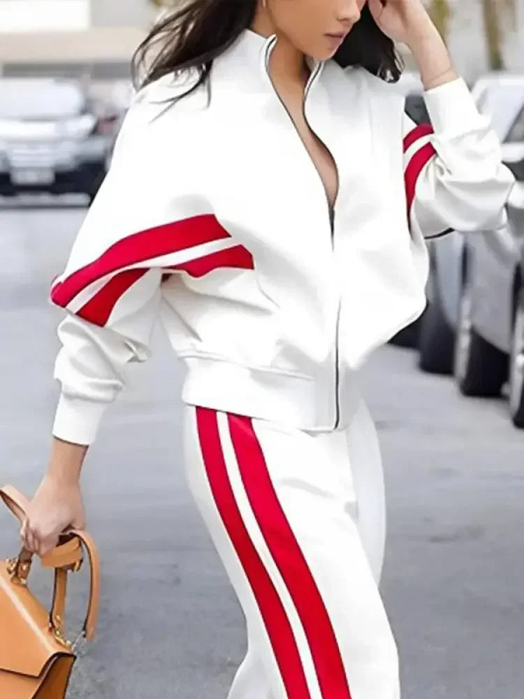 Missuoo 2024 Autumn New Side-Striped Pant Sets for Women Stand Collar Long Sleeve Jackets and High Waist Casual Straight Pants