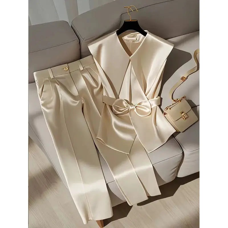 Fashion Satin Celebrity Outfits Elegant OL Peter Pan Collar Bow Sleeveless Vest + High Waist Wide Leg Pants Two Piece Set 376P