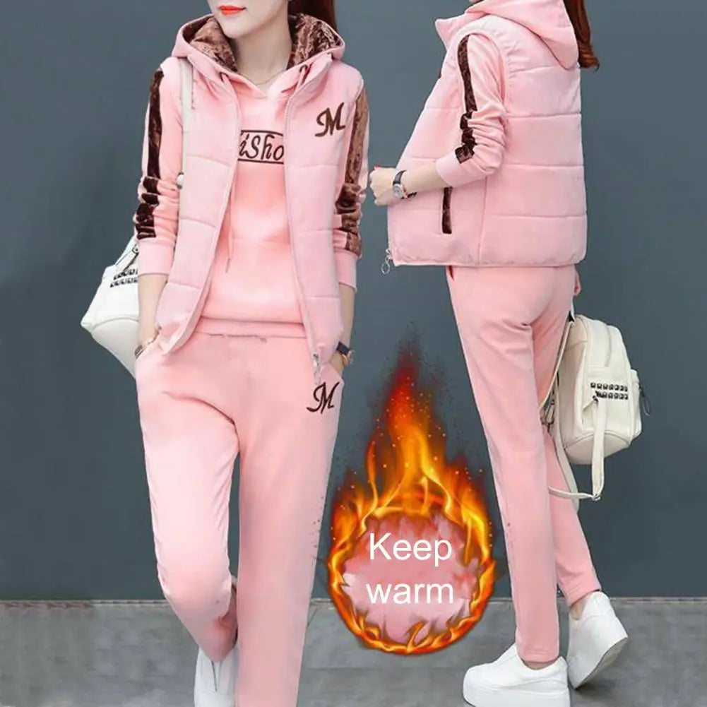 Fashion Warm Three Piece Set Women Outfit 2022 Fall Winter Thicken Tracksuit Casual Waistcoat + Hoodies + Pant Female Sweat Suit