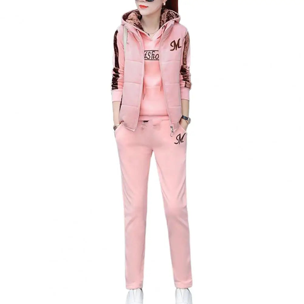 Fashion Warm Three Piece Set Women Outfit 2022 Fall Winter Thicken Tracksuit Casual Waistcoat + Hoodies + Pant Female Sweat Suit